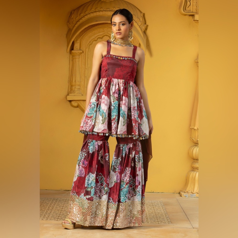 Red floral kurta set